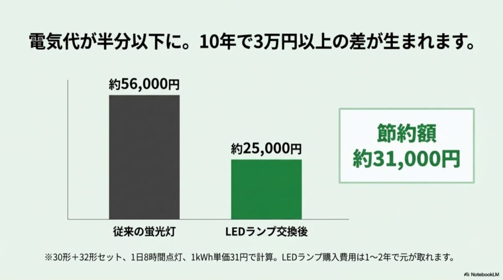 従来の蛍光灯とLED交換後の10年間の電気代比較。約3万円の節約効果を示す棒グラフ