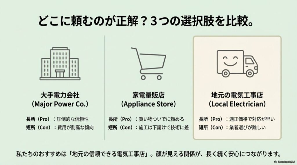 分電盤交換の依頼先比較図。大手電力会社、家電量販店、地元の電気工事店のメリット・デメリット一覧。