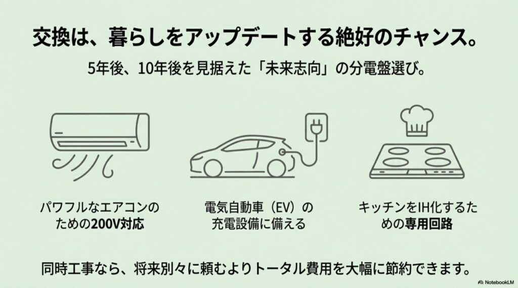 200Vエアコン、電気自動車(EV)充電、IHクッキングヒーターのイラスト。分電盤交換時の同時工事提案。