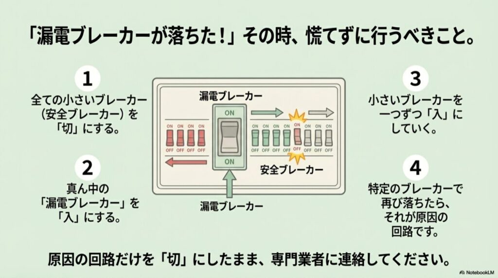 漏電時のブレーカー操作手順図。安全ブレーカーを全て切り、漏電ブレーカーを入れ、一つずつ戻して原因特定する方法のイラスト。
