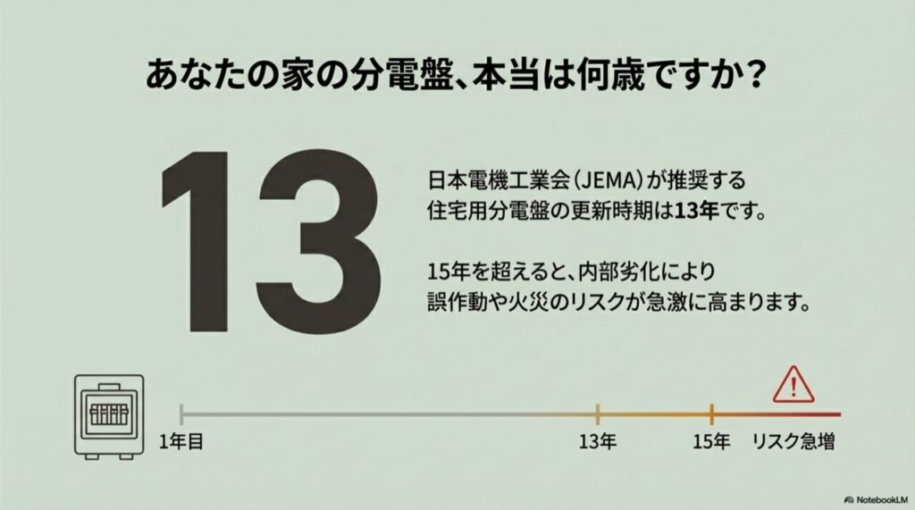 分電盤の寿命イメージ図。設置から13年が更新目安であり、15年を超えると故障リスクが急増することを示すグラフ。