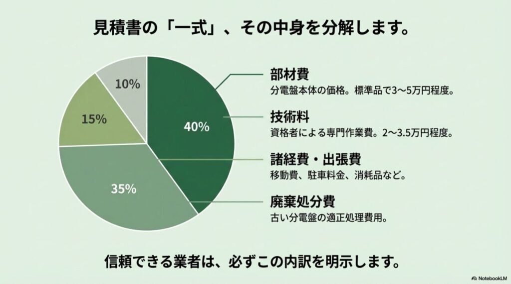 分電盤交換費用の内訳図解。部材費40%、技術料35%、諸経費15%、廃棄処分費10%の割合を示す円グラフ。