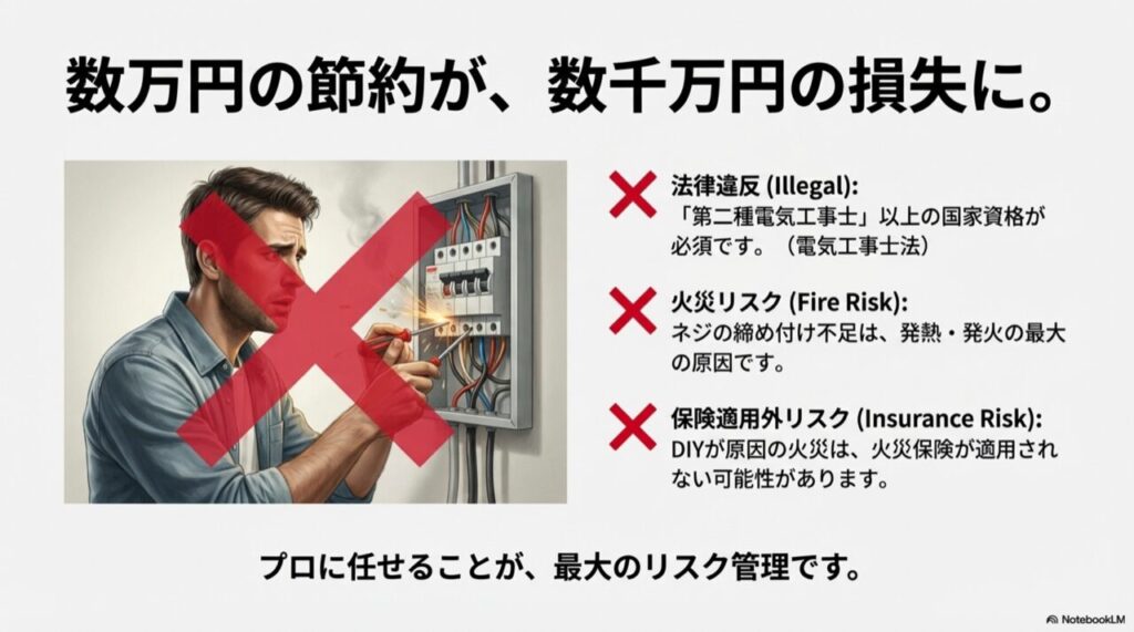 分電盤を自分で交換しようとしてショートさせている男性のイラストに大きなバツ印。火災リスクと法律違反の警告。