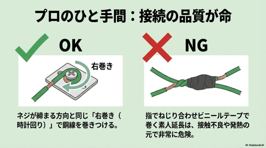 アース線の銅線をネジの締まる方向（右巻き）に巻き付けている正しい施工図