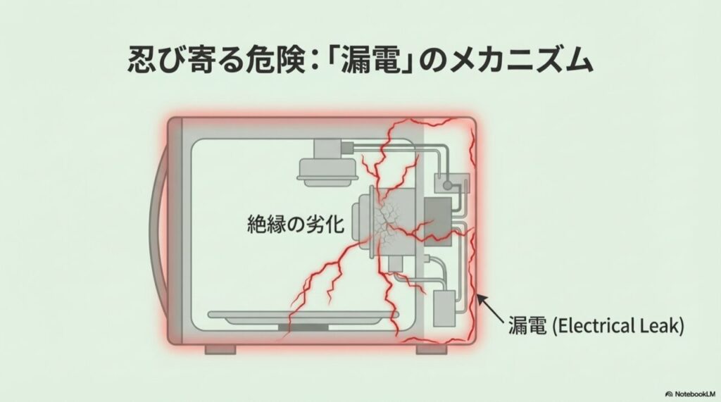 電子レンジ内部の絶縁が劣化し、筐体に電気が漏れ出している図解