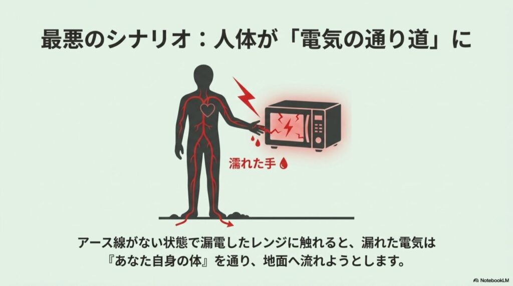 濡れた手で電子レンジに触れ、心臓を通って足元へ電気が流れる人体の図解