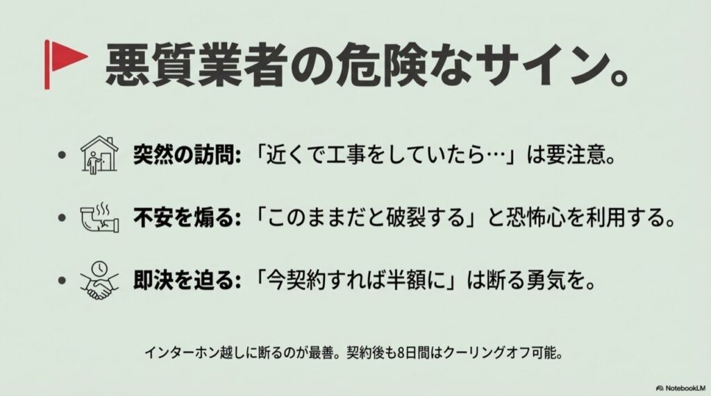 悪徳業者の特徴：突然の訪問、不安を煽る言動、即決を迫る営業への注意喚起