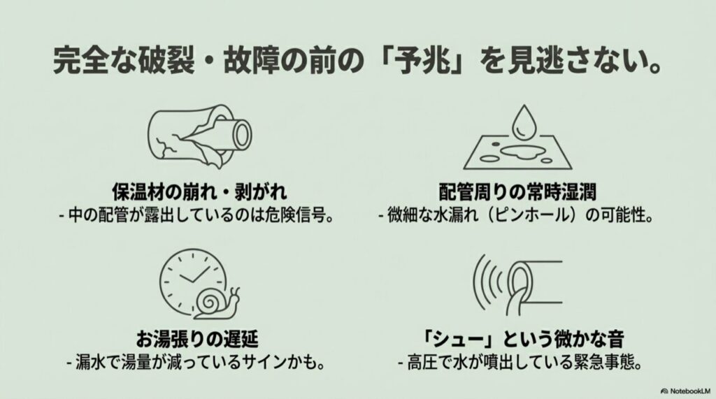 配管保温材の崩れ、水漏れ、異音など、故障の予兆となるチェックポイントのイラスト