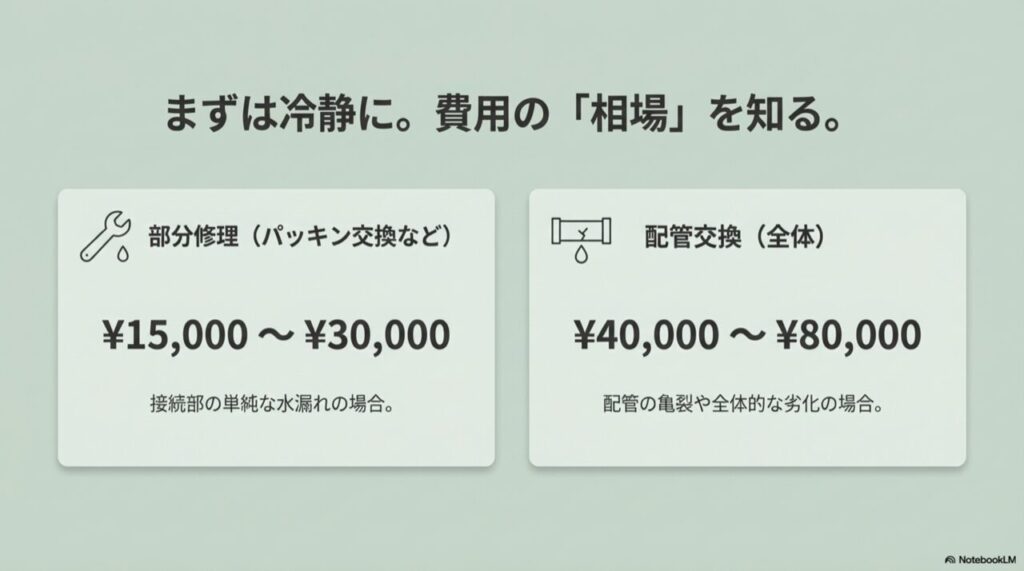 修理費用の相場比較：部分修理1.5〜3万円、配管全体交換4〜8万円