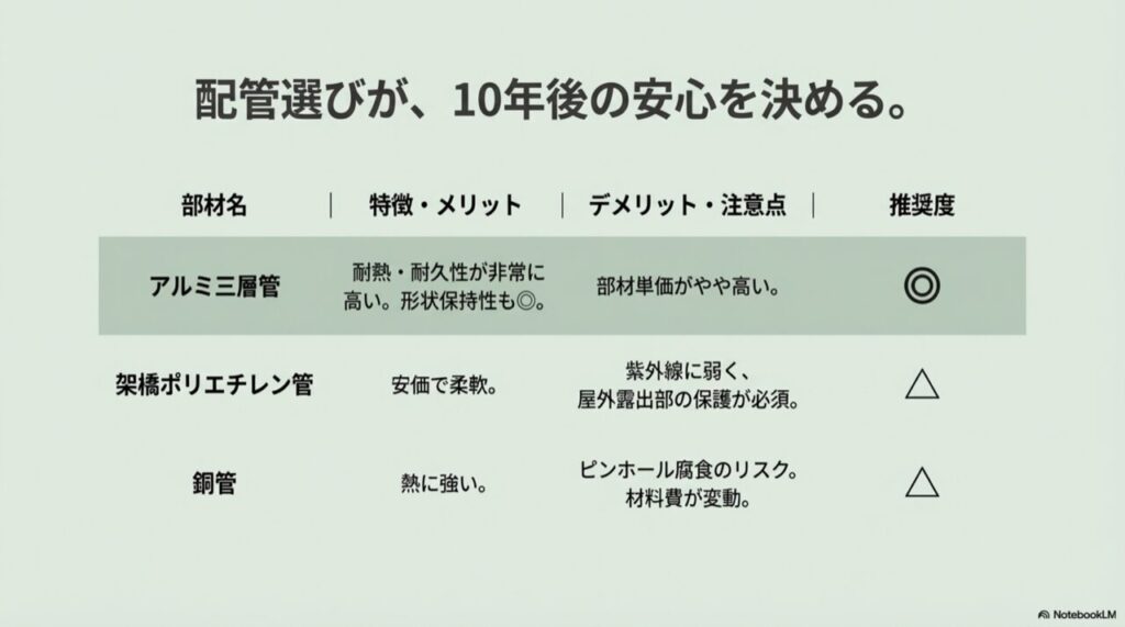 アルミ三層管、架橋ポリエチレン管、銅管のメリット・デメリットと推奨度比較表