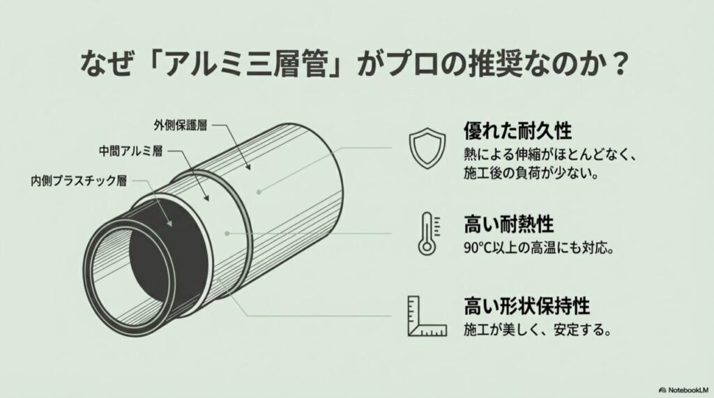 アルミ三層管の構造図：外側保護層と中間アルミ層による高耐久・耐熱性の解説