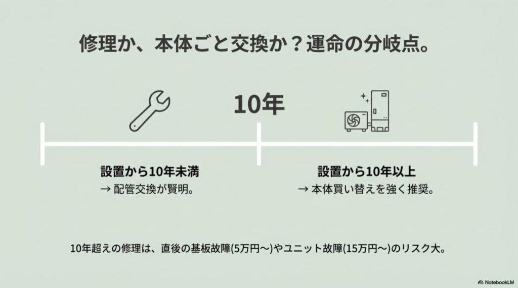 設置から10年を境にした修理と本体買い替えの判断分岐点イラスト