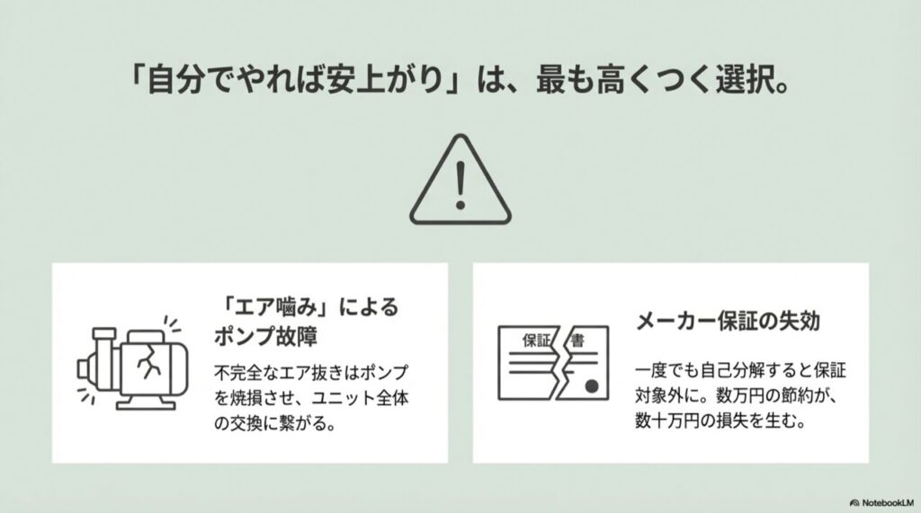 自分で修理する際のリスク警告：エア噛みによるポンプ故障とメーカー保証失効