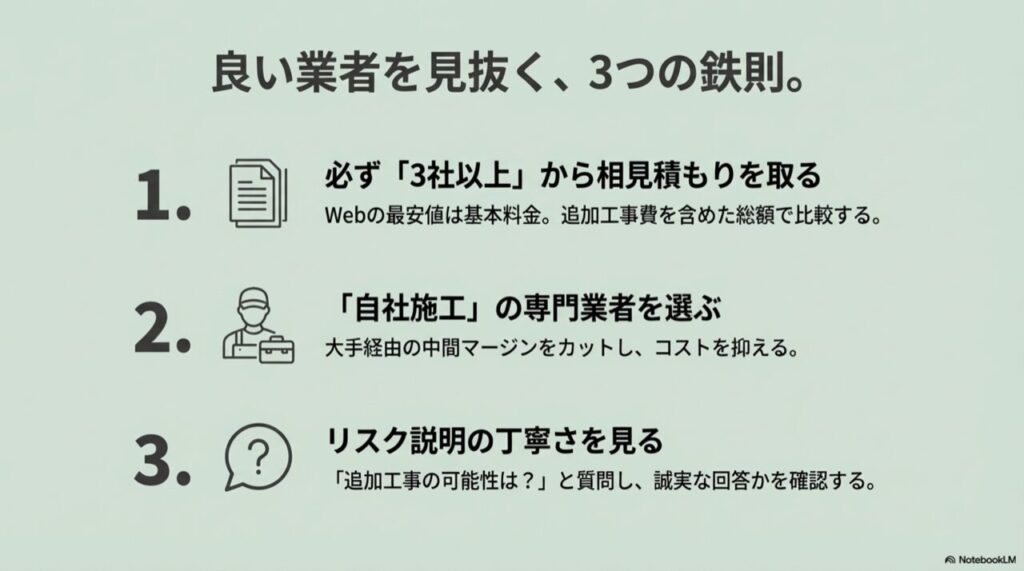 優良業者を見抜く3つの鉄則：3社相見積もり、自社施工、リスク説明
