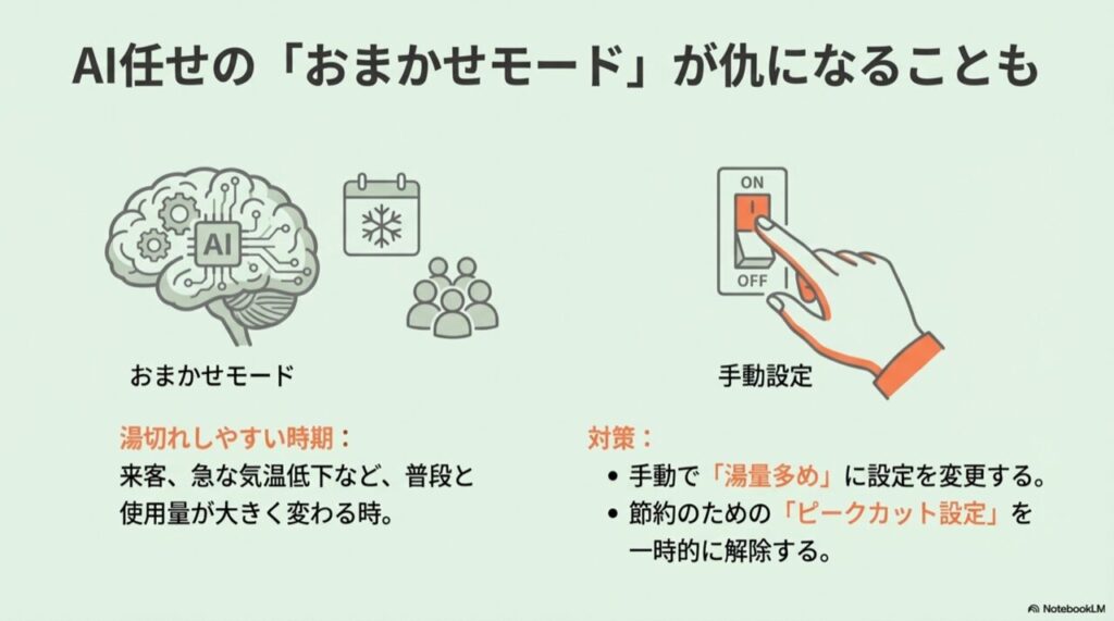 AIモードの概念図と、緊急時は手動設定へ切り替えるスイッチのイラスト