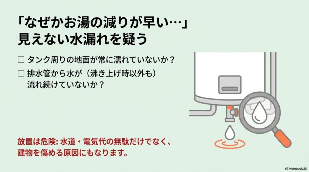 タンク周りの濡れや排水管からの水漏れを確認するルーペを持ったイラスト