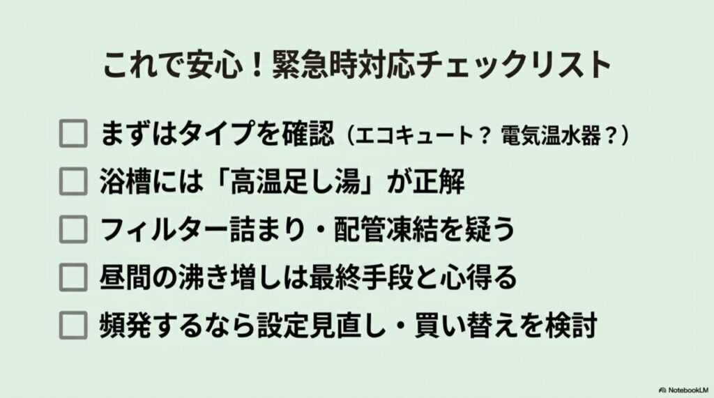 タイプ確認、高温足し湯、フィルター確認など5つの重要ポイントをまとめたリスト画像