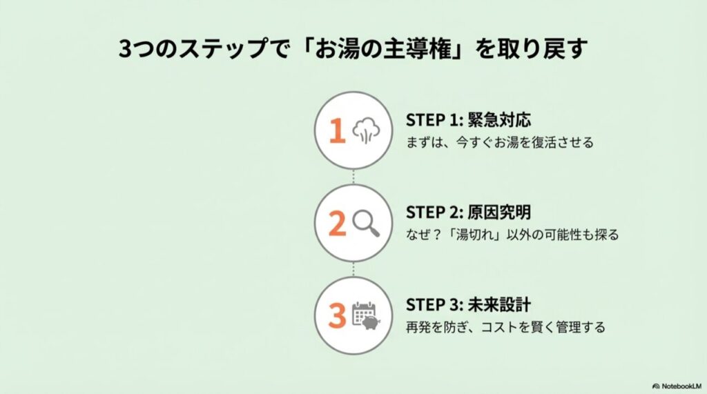 緊急対応から原因究明、再発防止までの3段階フローチャート図