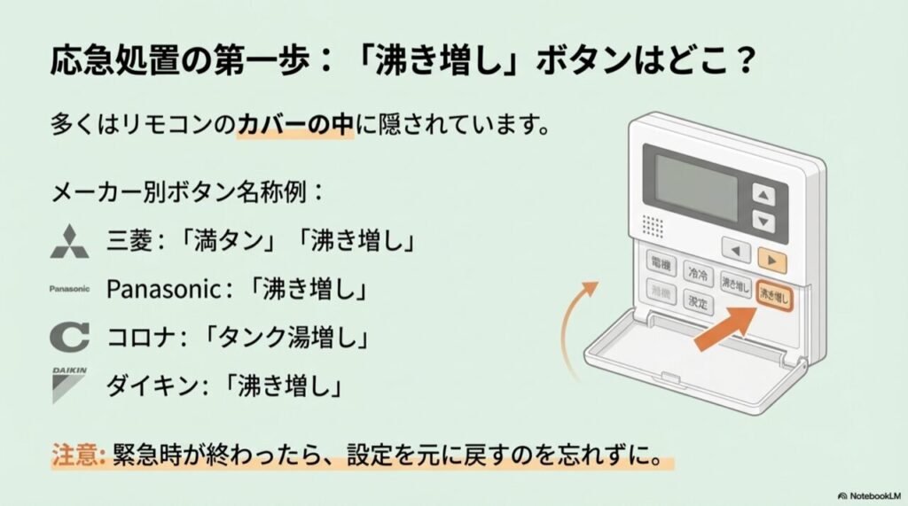 リモコンカバー内部にある「沸き増し」「満タン」ボタンの位置を示すイラスト