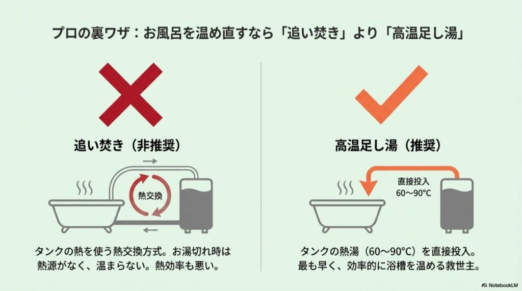 追い焚き（循環）と高温足し湯（直接投入）の仕組みの違いを解説した図解。熱交換方式は不可であることを強調。