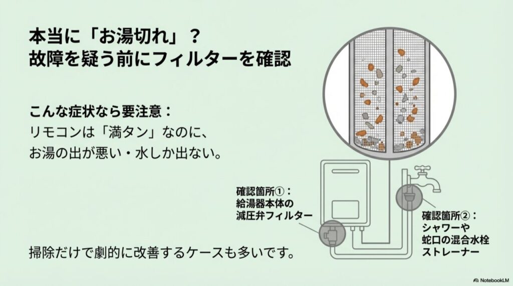 給湯器本体の減圧弁フィルターと蛇口のストレーナーの位置を示す点検箇所の図解