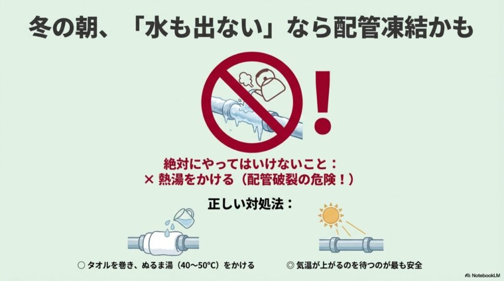 配管に熱湯をかけるのはNG、タオルを巻いてぬるま湯をかけるのが正解であることを示すイラスト