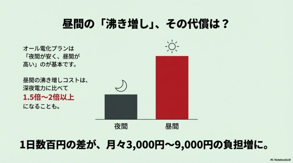 昼間の電力単価が夜間の1.5倍から2倍以上になることを示す棒グラフのイメージ