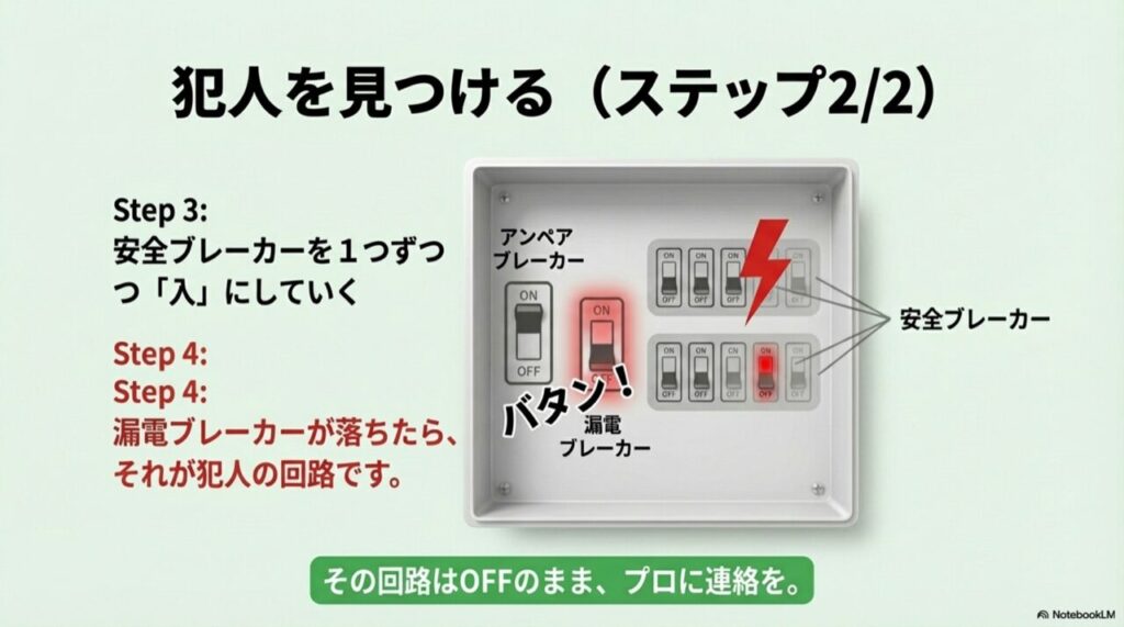 安全ブレーカーを一つずつ上げて漏電箇所を見つける手順図