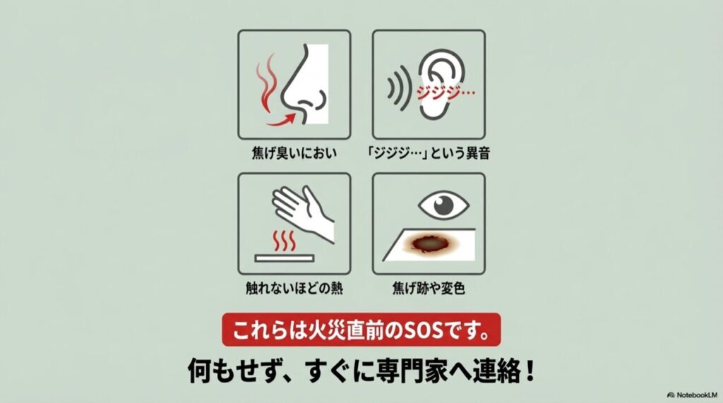 異臭、異音、発熱、焦げ跡を示すアイコンイラスト