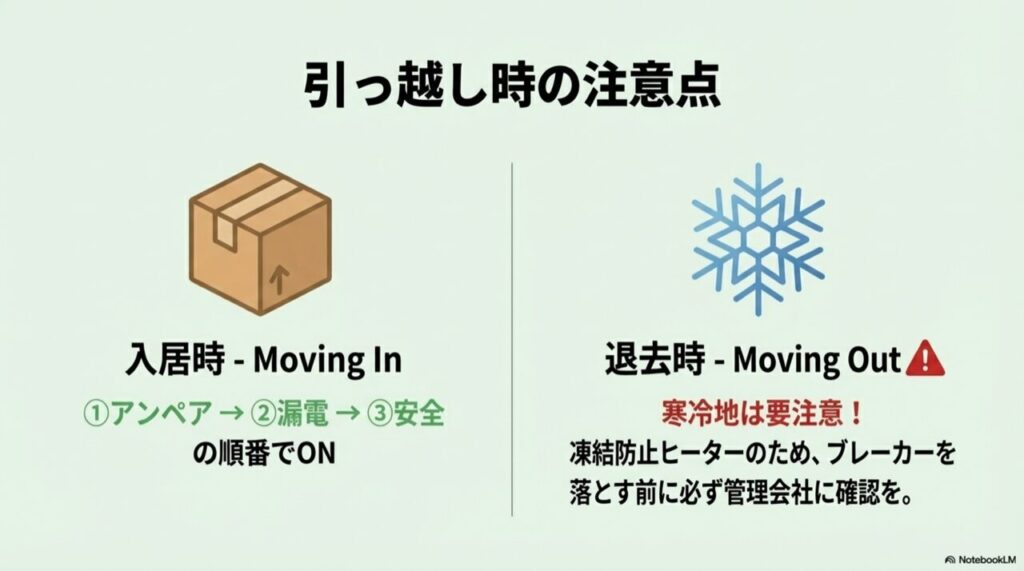 入居時のON手順と寒冷地の凍結防止ヒーター注意喚起
