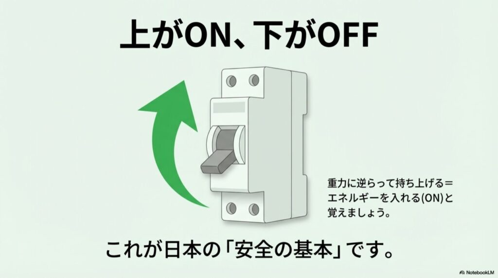 ブレーカーのレバーを上に上げる緑色の矢印イラスト