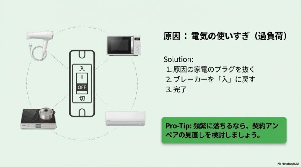 ブレーカーレバーを一度下に下げてから上に上げるリセット手順図