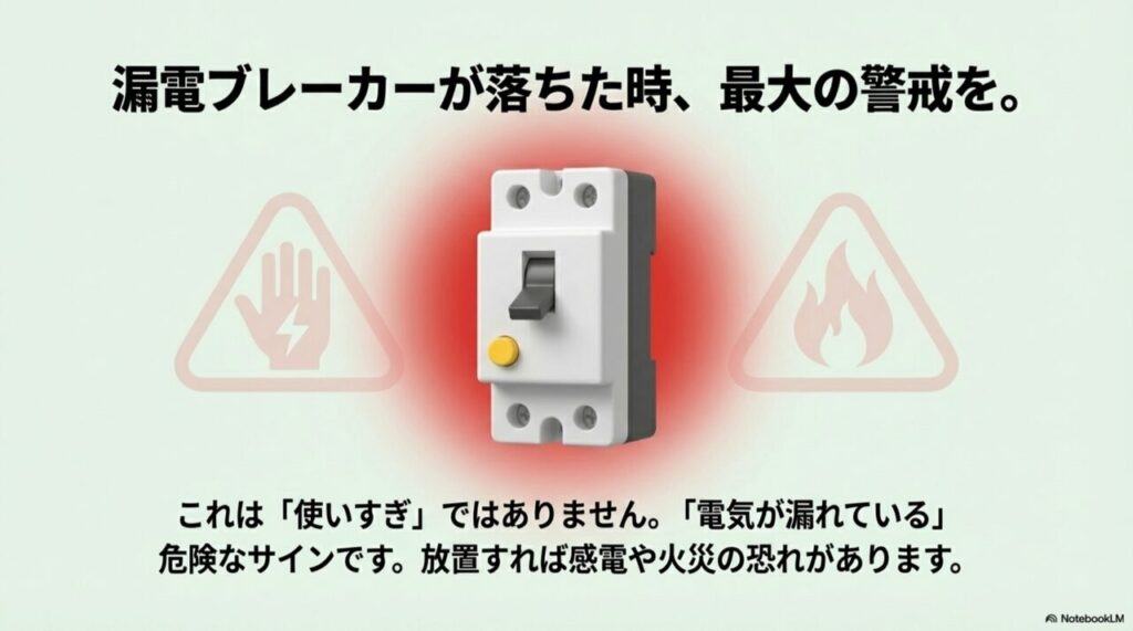 漏電を示す警告マークと注意書き