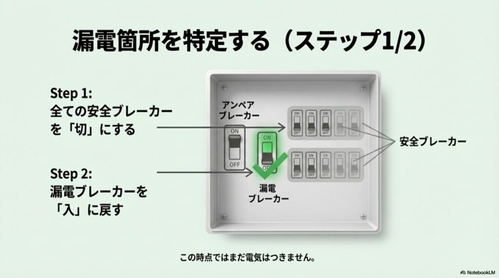 全てのブレーカーをOFFにし、漏電ブレーカーをONにする手順図
