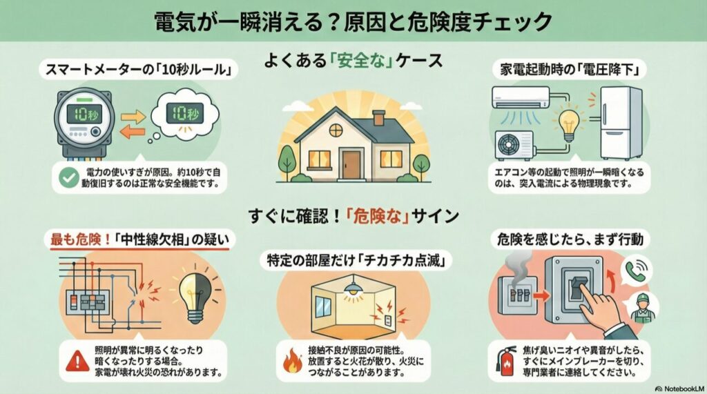 電気が一瞬消える？原因と危険度チェック