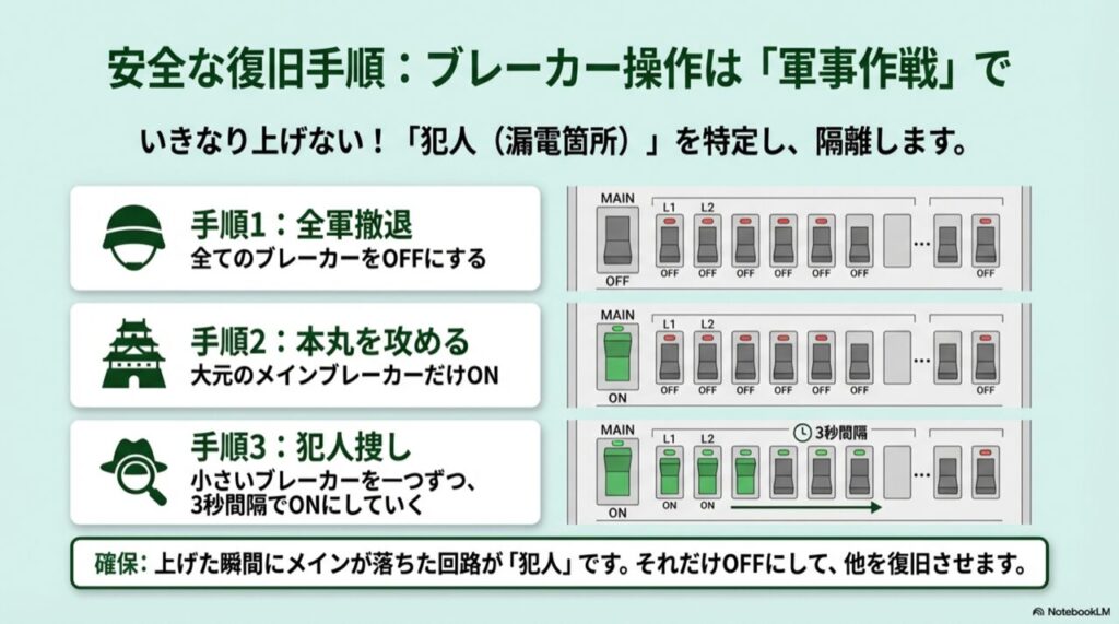 ブレーカーを全てOFFにしてから一つずつONにしていく手順（全軍撤退・本丸・犯人捜し）の図解