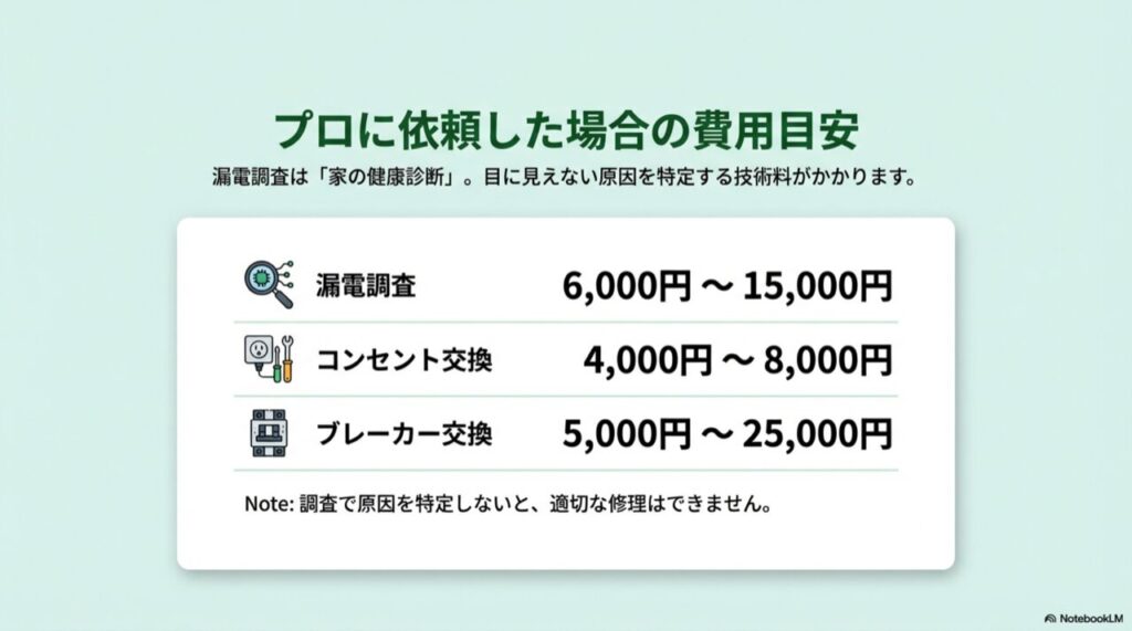 漏電調査6,000円〜、コンセント交換4,000円〜などの料金目安が記載された表