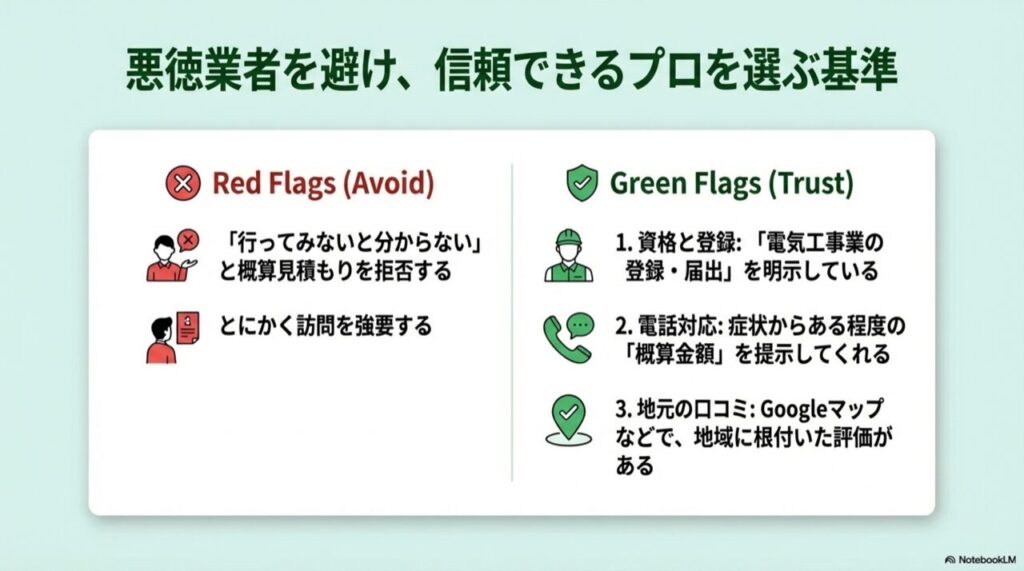 良い業者（資格明示・概算提示）と悪い業者（訪問強要）の特徴比較リスト