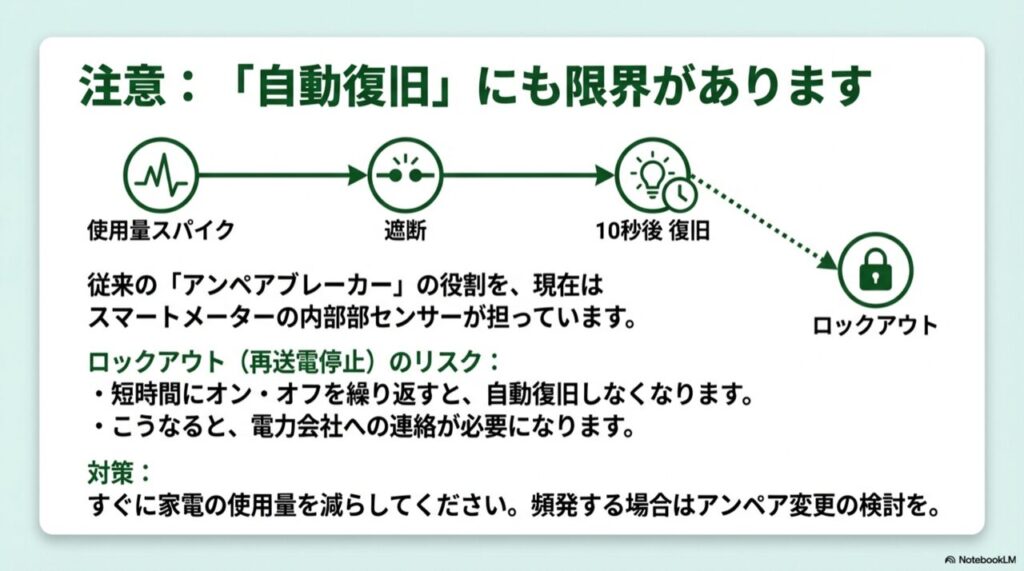 使用量の急増（スパイク）により電気が遮断され、繰り返すと再送電停止（ロックアウト）になるフロー図