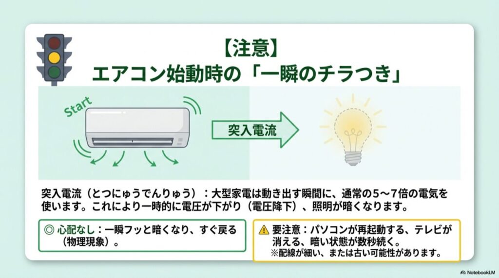 エアコン始動時に照明が一瞬暗くなる現象と、正常・異常の見分け方チャート