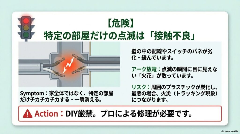 信号機の赤信号イラストと、特定の部屋だけチカチカ点滅する接触不良の危険性の解説