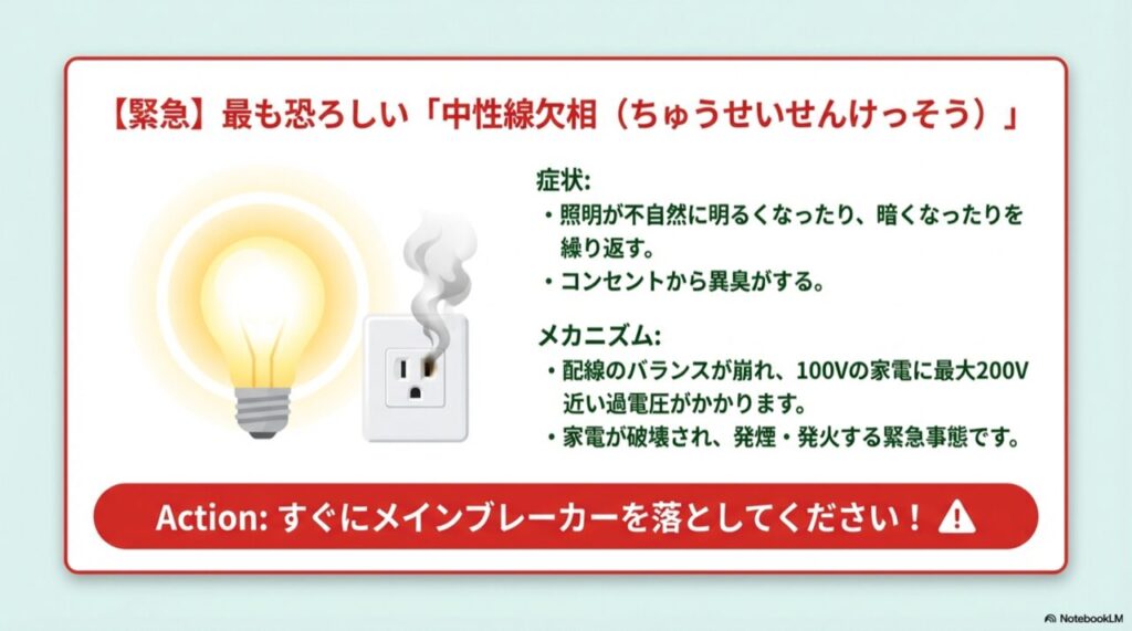 コンセントから異臭がしたり、照明の明るさが不安定になる中性線欠相の症状イラスト