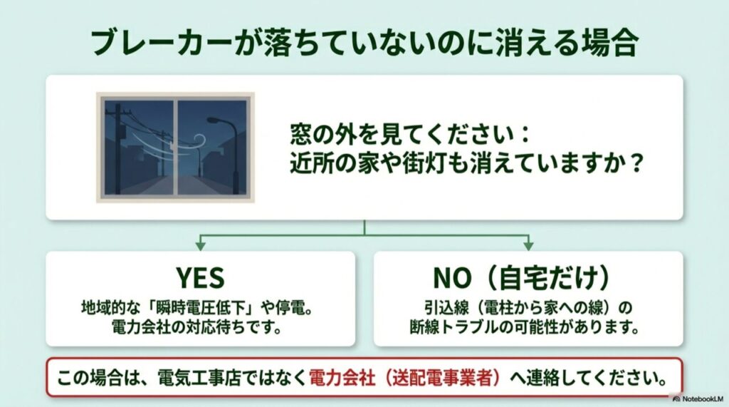 窓の外を見て近所も消えているか確認するフローチャート（引込線トラブルか地域停電か）
