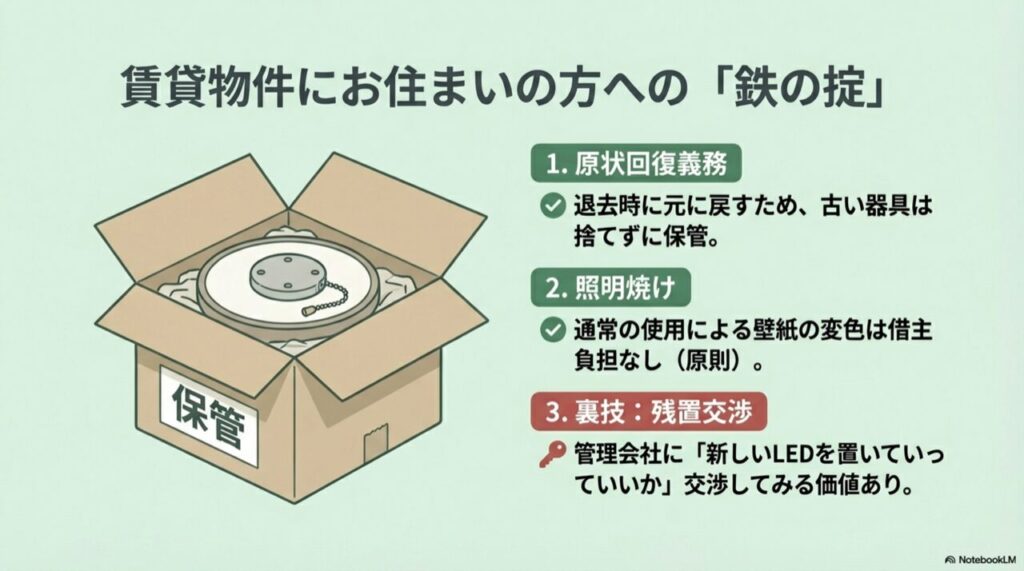 取り外した古い照明器具を段ボール箱に入れて「保管」と書いているイラスト。
