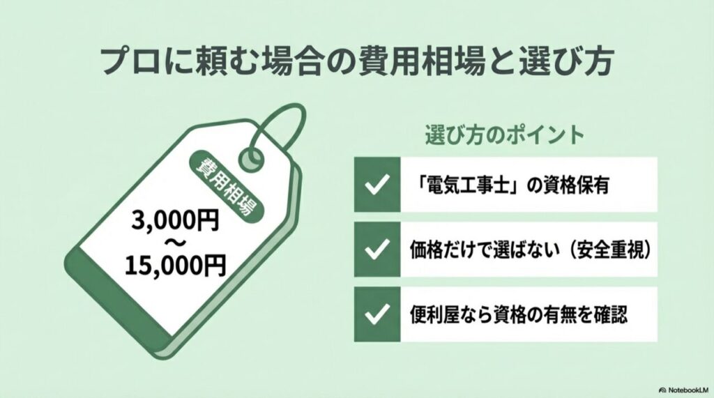 電気工事業者、家電量販店などの費用比較と、有資格者を選ぶ重要性をまとめたスライド。
