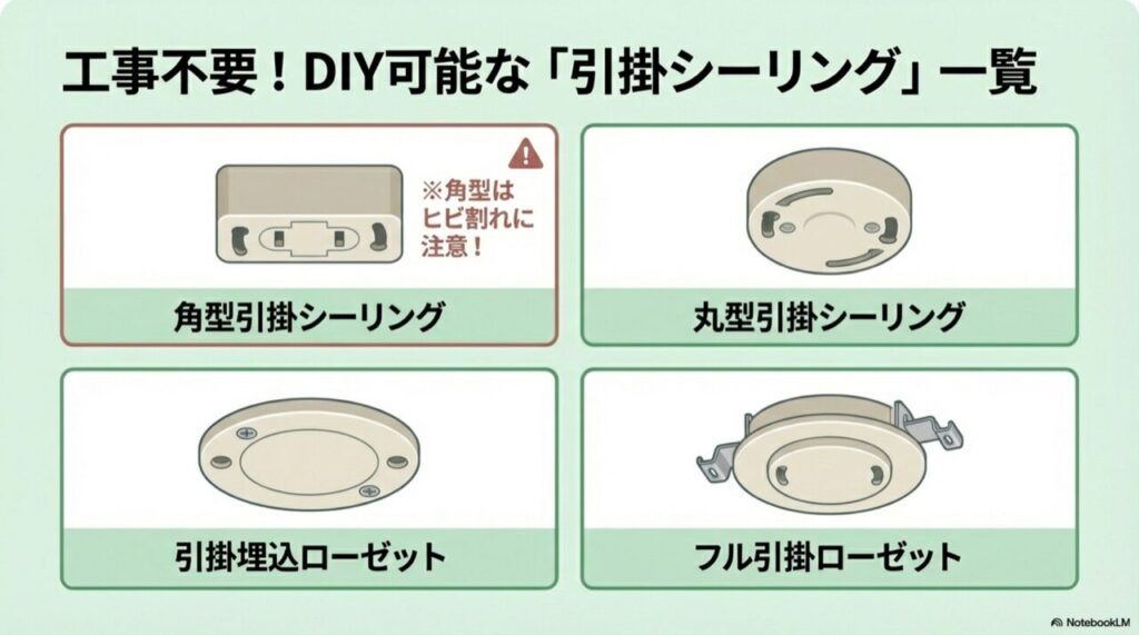 角型引掛シーリング、丸型引掛シーリング、引掛埋込ローゼット、フル引掛ローゼットの形状イラスト一覧。