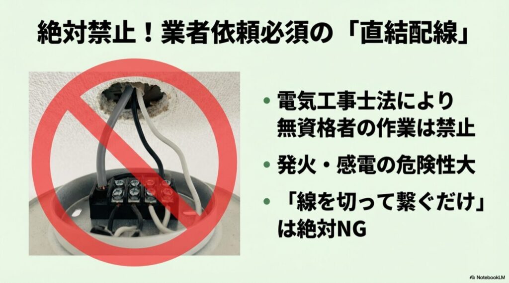 天井裏からの電線が器具に直接接続されている端子台のクローズアップ写真。禁止マーク付き。