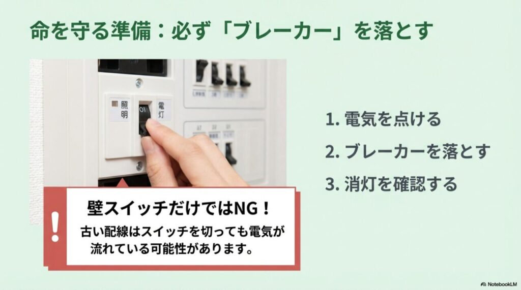 分電盤のスイッチを操作している手元の写真。壁スイッチだけでなくブレーカーを切る重要性を示唆。