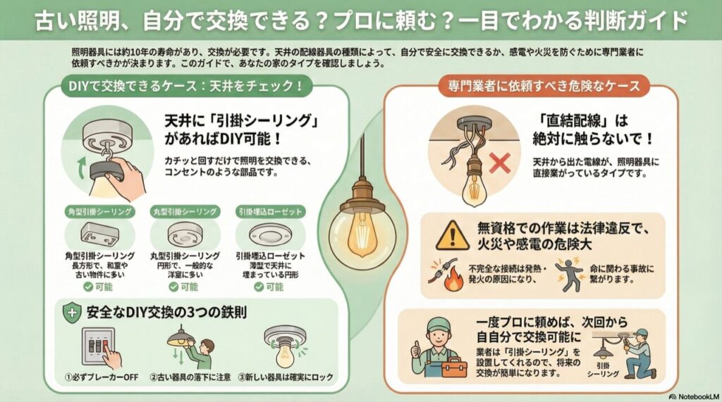 古い照明、自分で交換できる？プロに頼む？一目でわかる判断ガイド