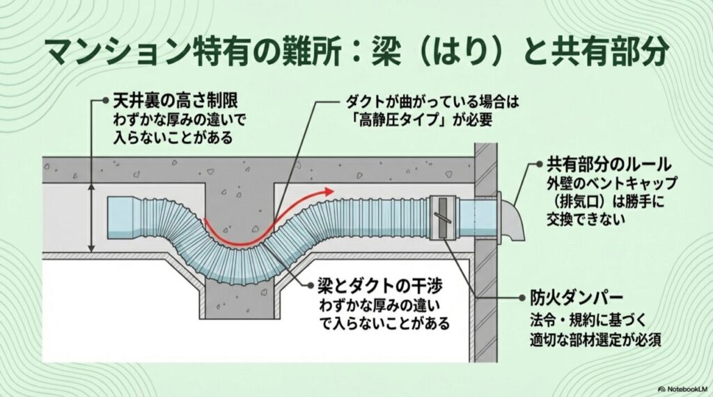 コンクリートの梁を避けて曲がるダクトや、天井裏の狭いスペース、共有部分のベントキャップの構造図